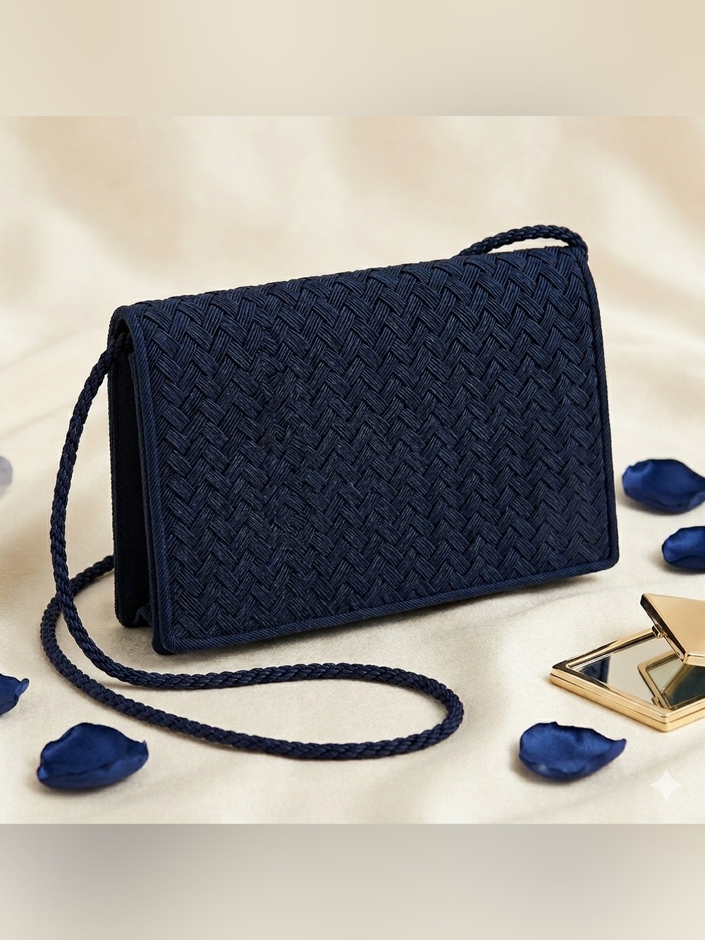 La Regale Vintage Navy Blue Woven fabric Evening Bag Crossbody Clutch MCM Style